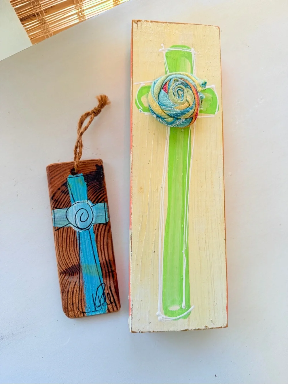 Handmade Green Cross Wall Accent with Rolled Fabric Rosette